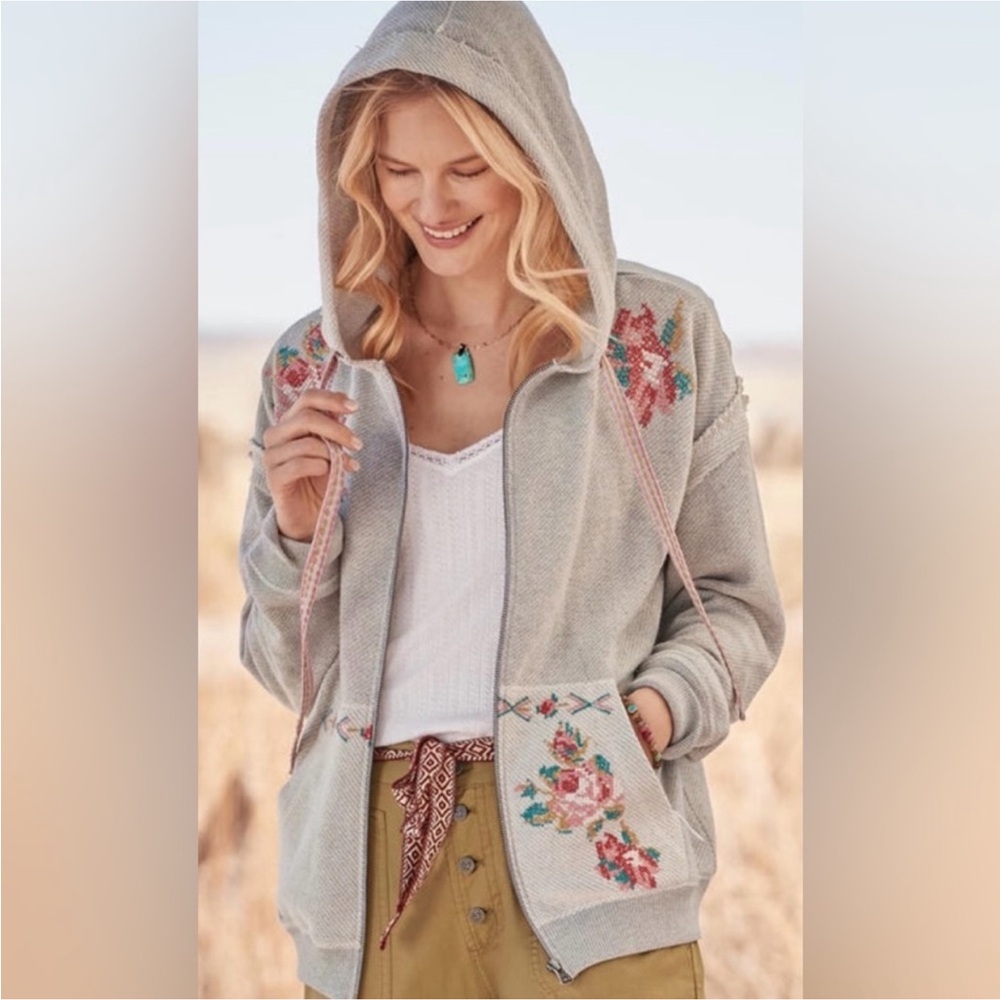 Sundance Annabeth Zip Embroidered Grey Floral Rose Hoodie Jacket Large - Picture 3 of 11